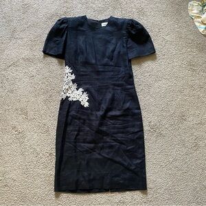 VTG ~ 1980s ~ S. G. Gilbert ~ Black Linen Sheath Dress ~ Lined ~ Lace ~ Size 14